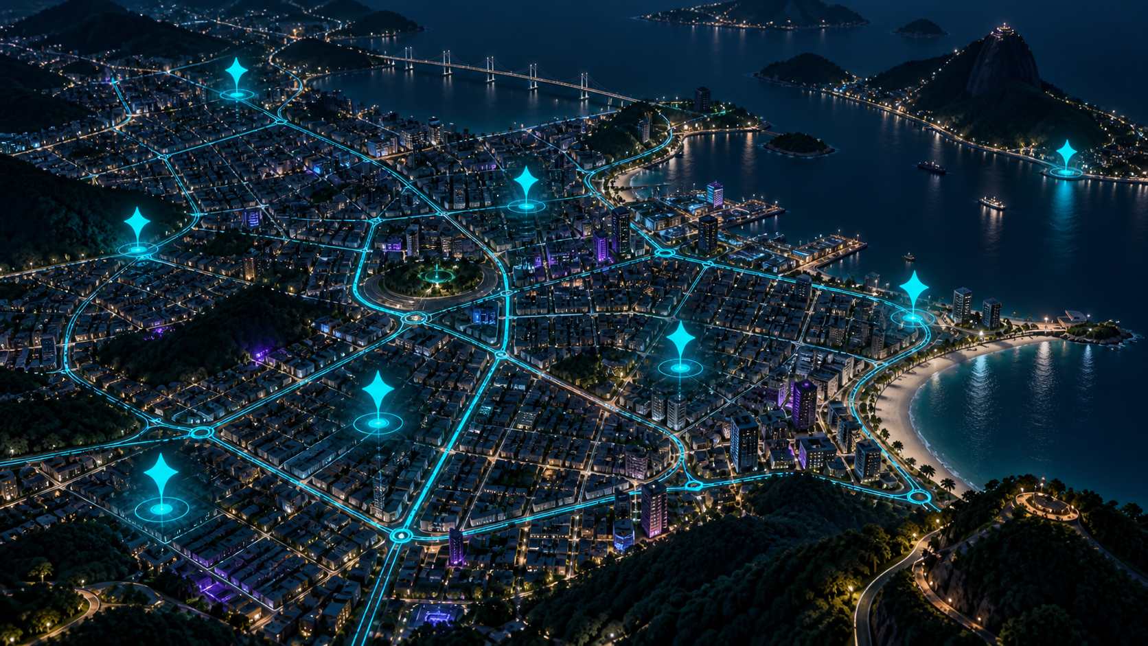 Visão ilustrativa de uma cidade futurista com pins Plexo em neon